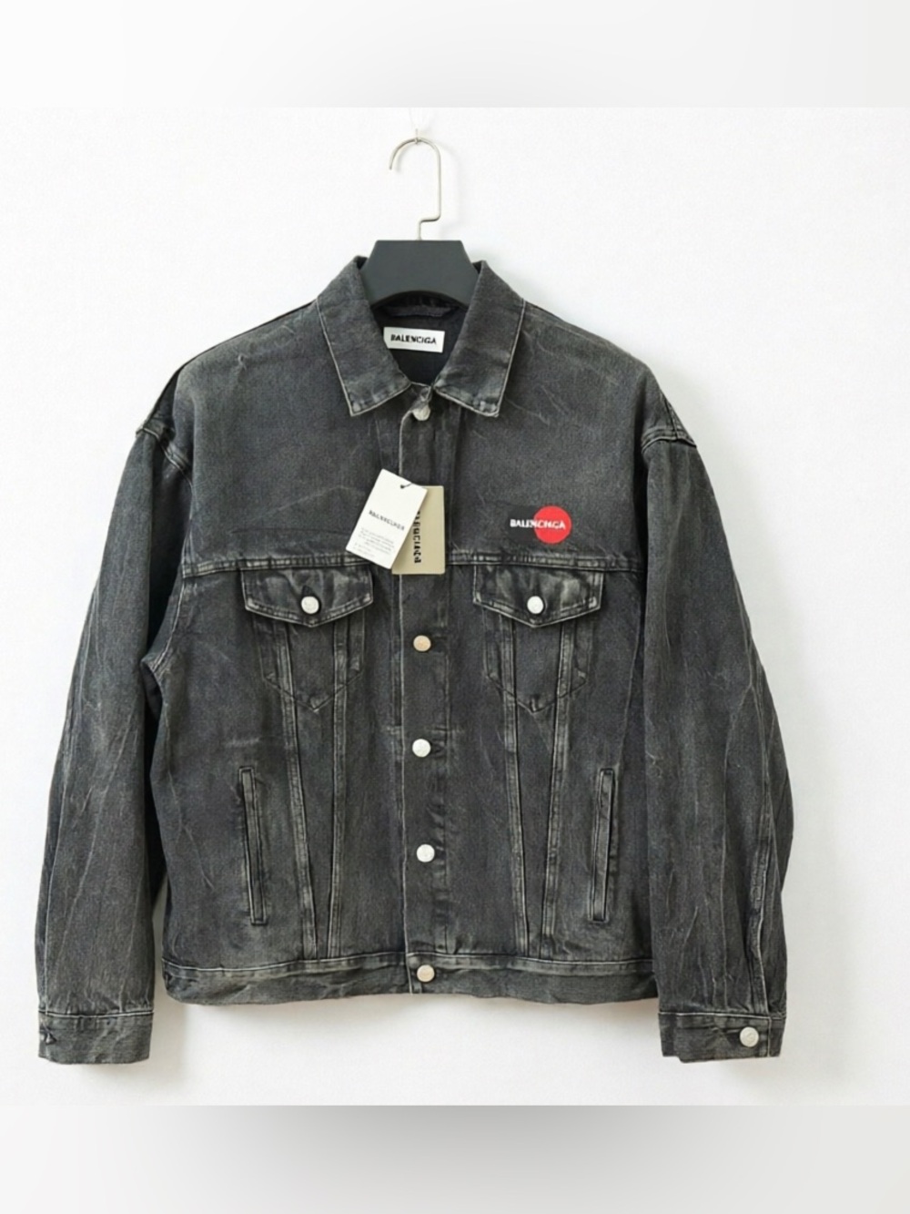 Balenciaga Men's Distressed Black Denim Trucker Jacket with Red Logo Patch